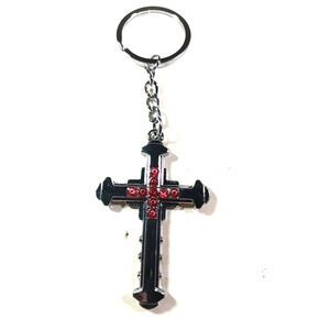 Cross Silver Tone Red Rhinestones Keychain Religious
